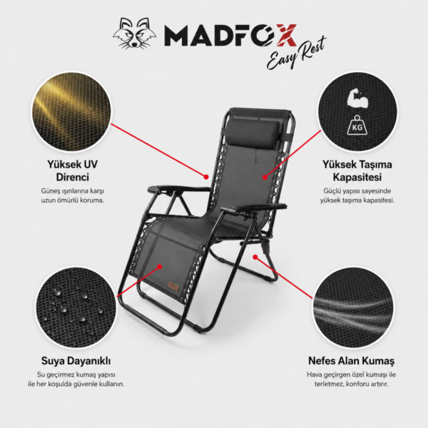Madfox EasyRest Katlanır Şezlong Kamp Sandalyesi Siyah 4 Madfox EasyRest Katlanır Şezlong Kamp Sandalyesi Siyah 4