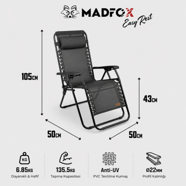 Madfox EasyRest Katlanır Şezlong Kamp Sandalyesi Siyah 5 Madfox EasyRest Katlanır Şezlong Kamp Sandalyesi Siyah 5