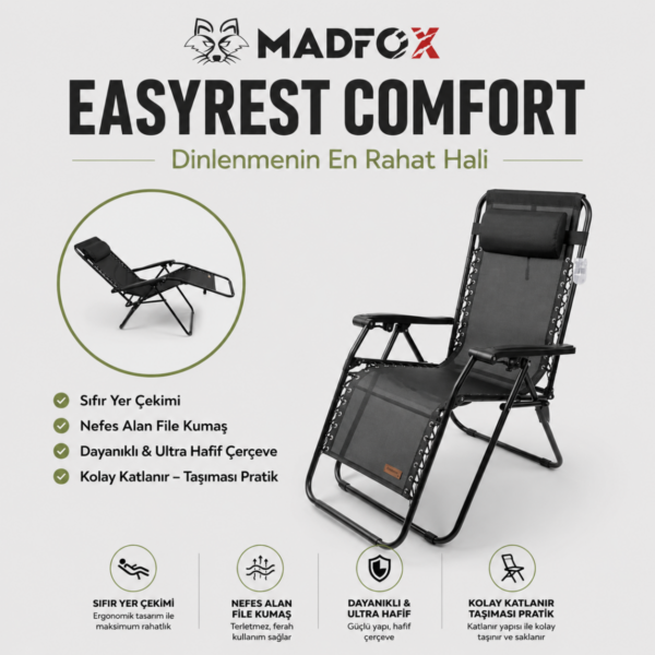 Madfox EasyRest Katlanır Şezlong Kamp Sandalyesi Siyah 6 Madfox EasyRest Katlanır Şezlong Kamp Sandalyesi Siyah 6