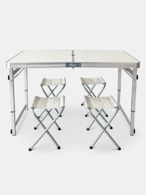 Madfox CampSet ShadePort Katlanır Kamp Masası Seti Beyaz 4 Tabureli 120x60 cm