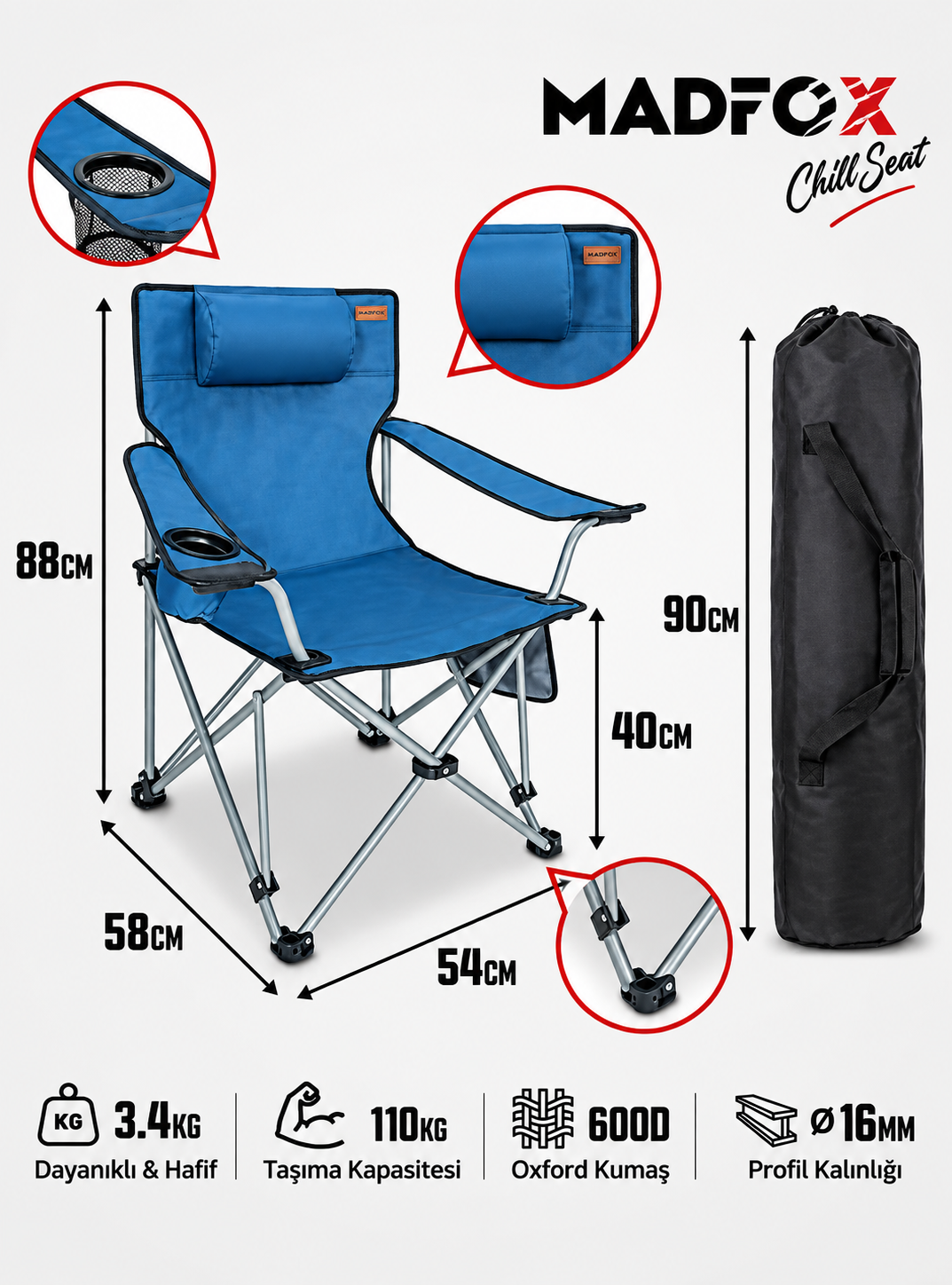 Madfox ChillSeat Yastıklı Katlanabilir Kamp Sandalyesi 110 kg 3 Madfox ChillSeat Yastıklı Katlanabilir Kamp Sandalyesi 110 kg 3