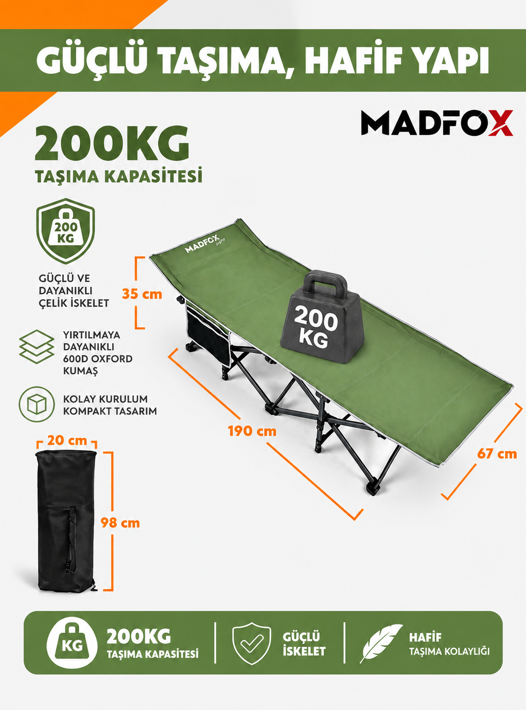 Madfox SteelRest Katlanır Kamp Yatağı Kampet Yeşil 200 kg Taşıma Kapasiteli 3 Madfox SteelRest Katlanır Kamp Yatağı Kampet Yeşil 200 kg Taşıma Kapasiteli 3