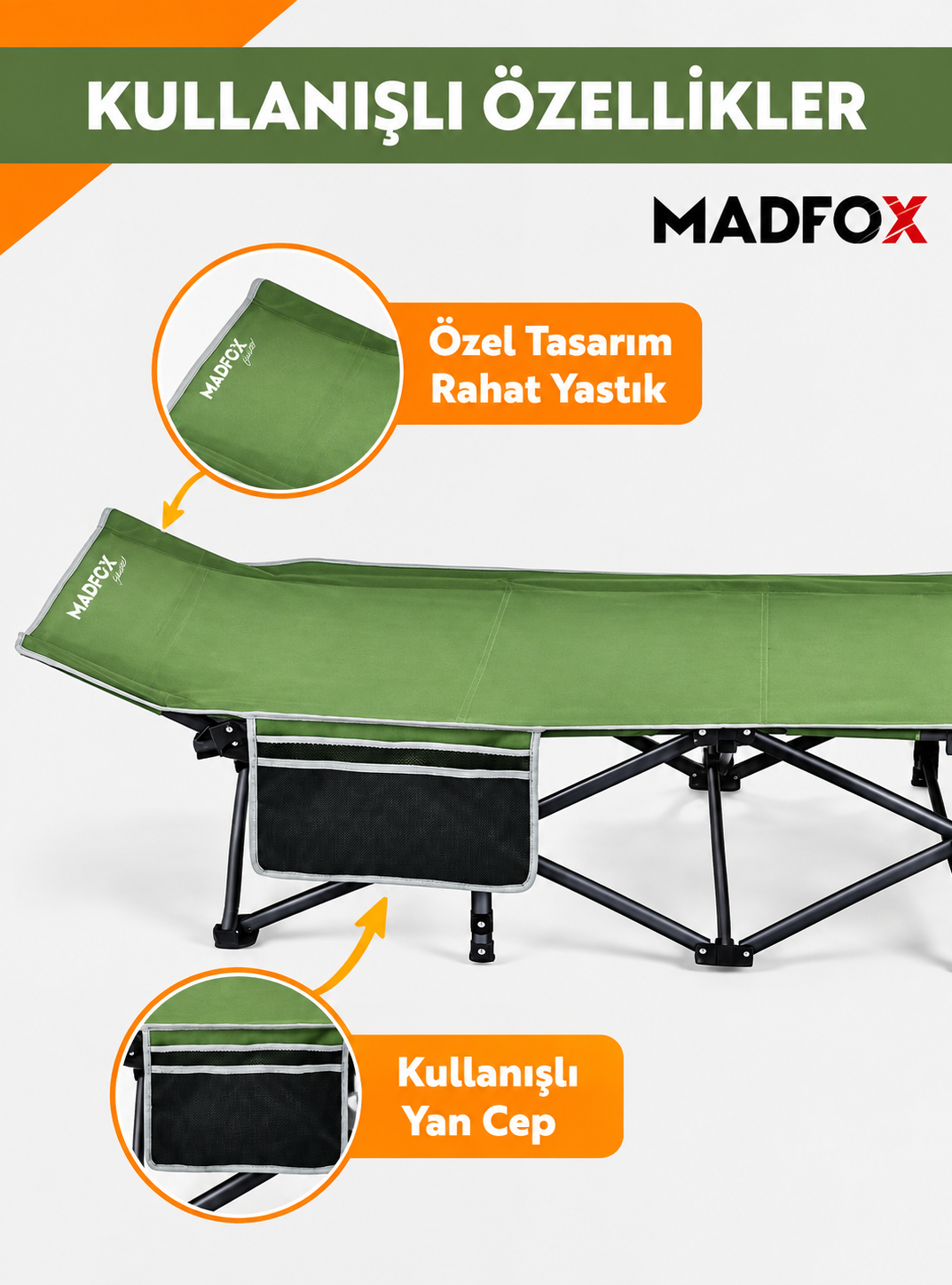 Madfox SteelRest Katlanır Kamp Yatağı Kampet Yeşil 200 kg Taşıma Kapasiteli 5 Madfox SteelRest Katlanır Kamp Yatağı Kampet Yeşil 200 kg Taşıma Kapasiteli 5