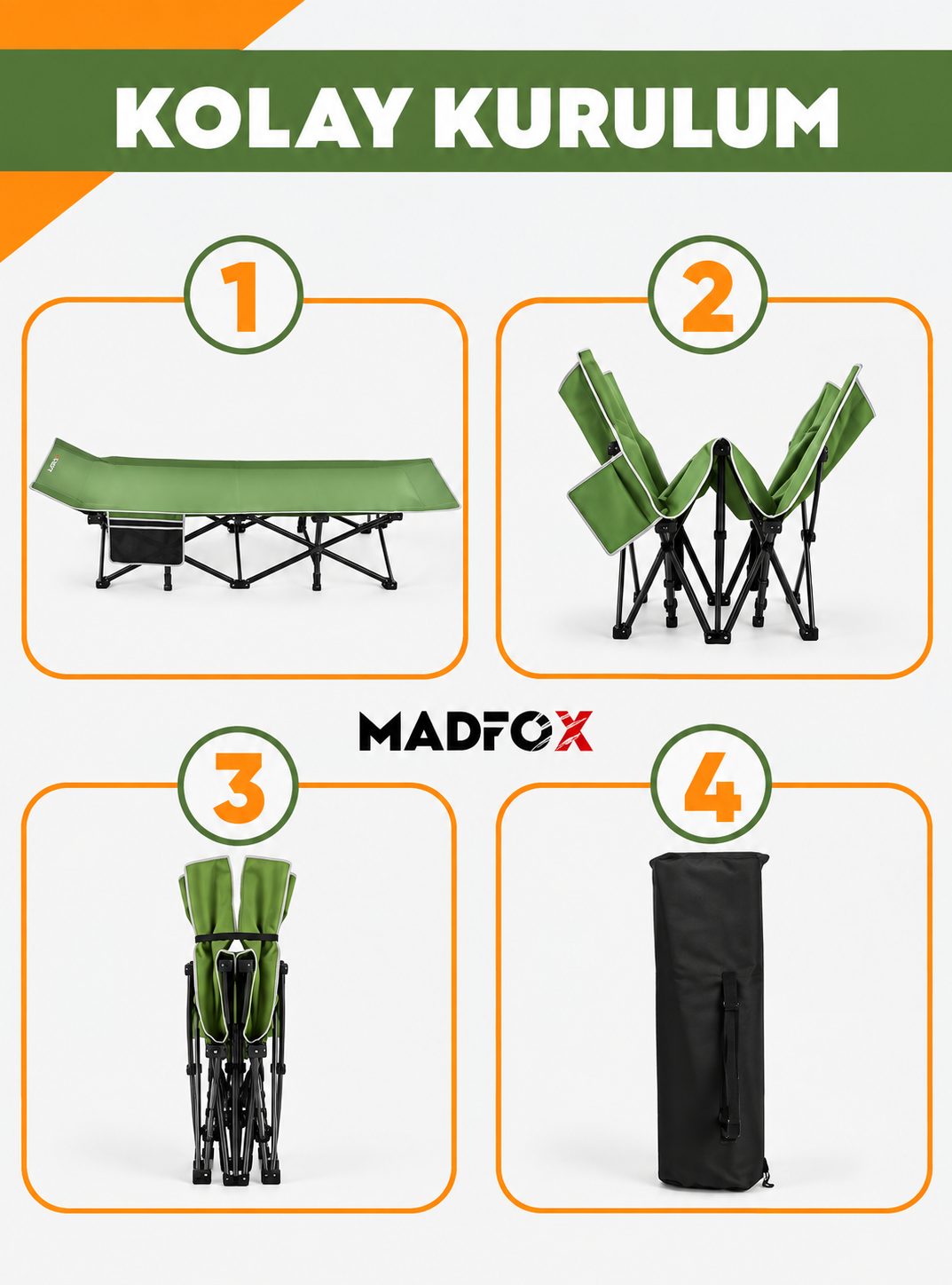 Madfox SteelRest Katlanır Kamp Yatağı Kampet Yeşil 200 kg Taşıma Kapasiteli 6 Madfox SteelRest Katlanır Kamp Yatağı Kampet Yeşil 200 kg Taşıma Kapasiteli 6