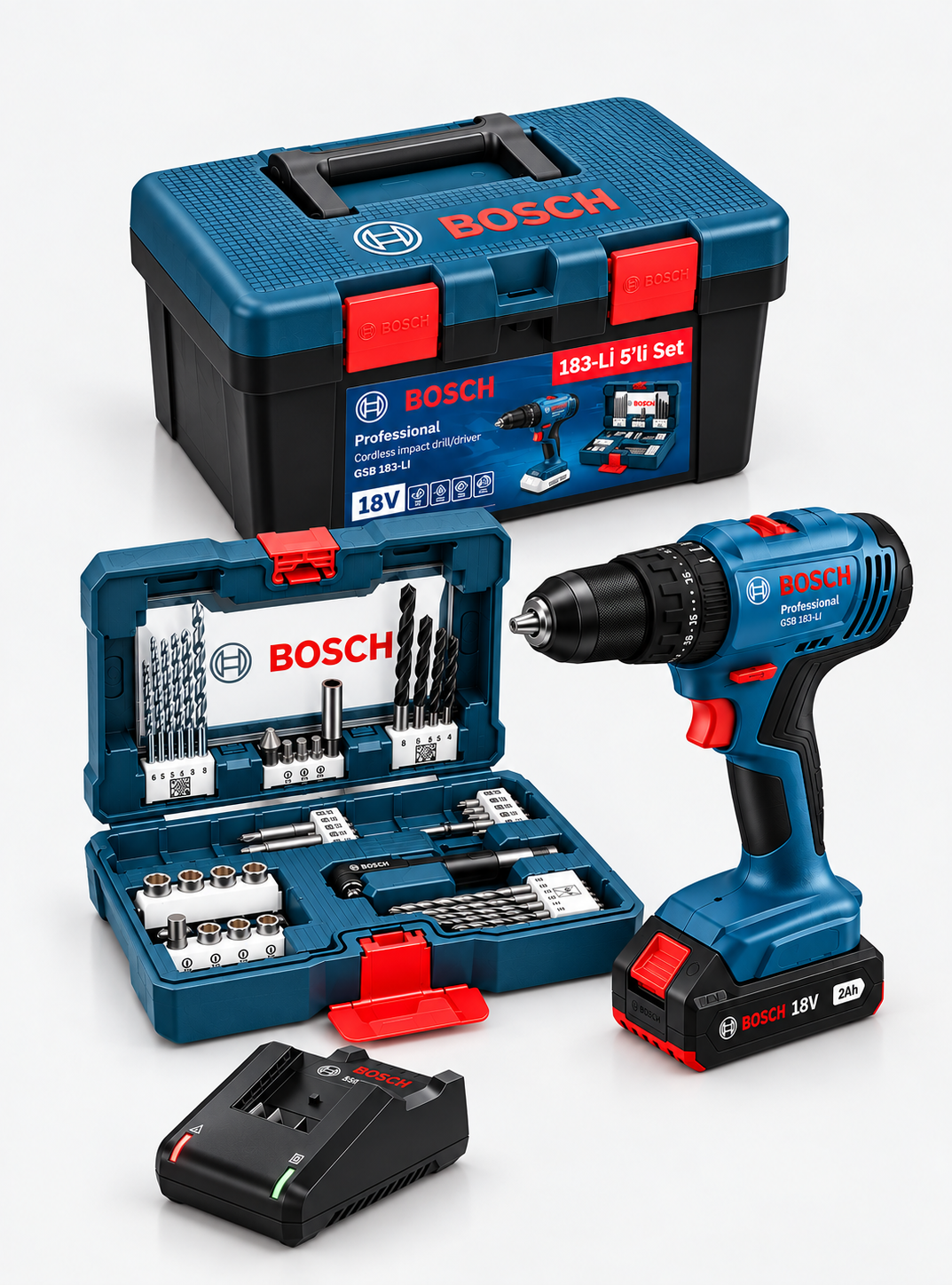 Bosch GSB 183-LI 18V Darbeli Akülü Matkap 2.0 Ah Akü Şarj Aleti 41 Parça Set ve Çanta